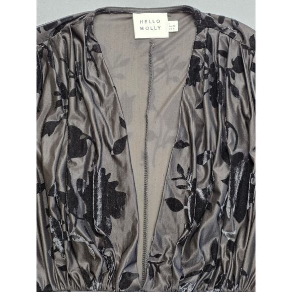 Hello Molly Size 8 Large Black Velvet Ruched Mini Dress Deep V Neck Bell Sleeves - Picture 3 of 11